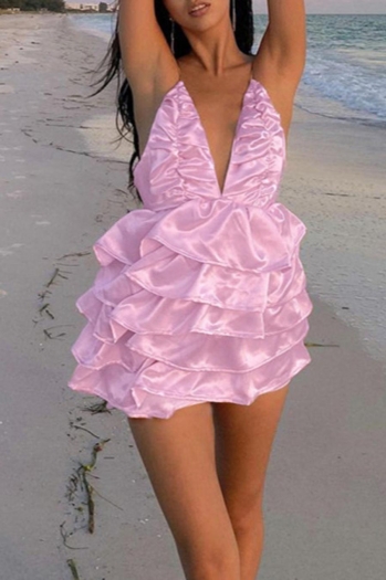 Sexy non-stretch satin sling backless tiered mini dress