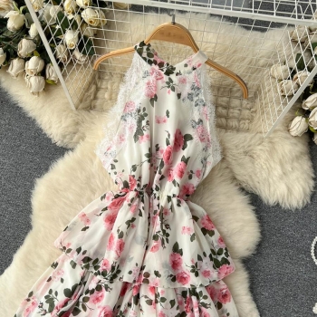 Casual non-stretch sleeveless floral batch printing lace cake maxi dress