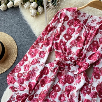 Casual non-stretch flower batch printing zip-up waist puff sleeve midi dress