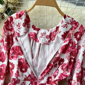 Casual non-stretch flower batch printing zip-up waist puff sleeve midi dress