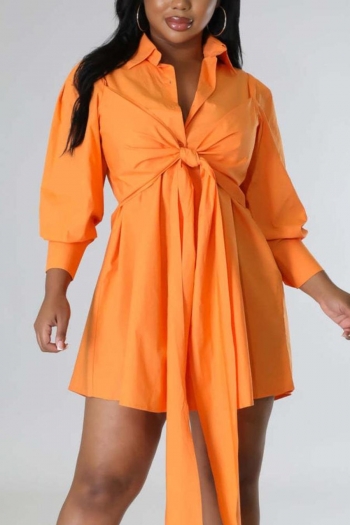Sexy plus size non-stretch orange lace-up single-breasted shirt-style mini dress