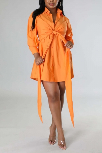 Sexy plus size non-stretch orange lace-up single-breasted shirt-style mini dress