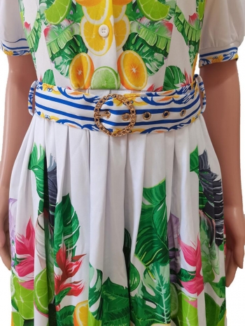 Casual plus size non stretch fruit plants print pleated mini dress (with belt)