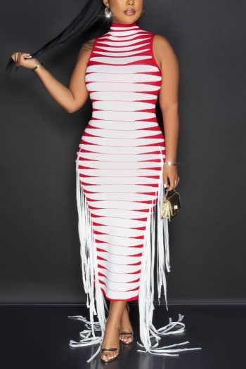 sexy plus size slight stretch stripe printing tassel slim high collar midi dress