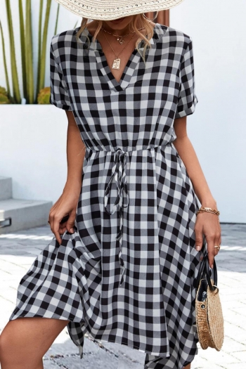 Casual non stretch checked printing v-neck lace up irregular midi dress