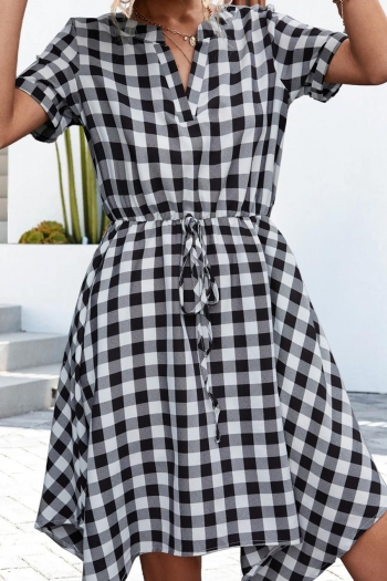 Casual non stretch checked printing v-neck lace up irregular midi dress