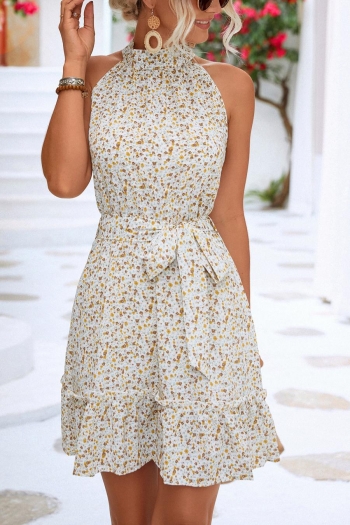 casual non stretch sleeveless floral printing ruffle mini dress (with belt)