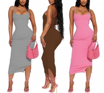 Sexy solid color stretch low cut sling backless slit slim midi dress
