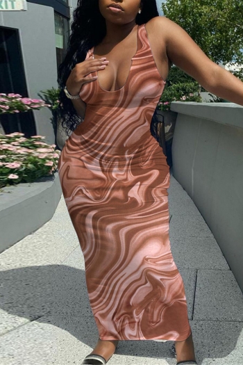 Sexy plus size slight stretch water ripple printing sling maxi dress