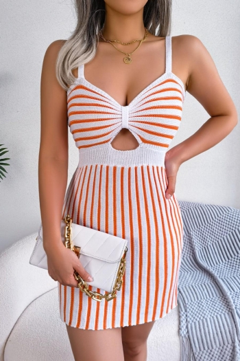 sexy slight stretch 3 colors orange stripe knitted hollow bodycon mini dress