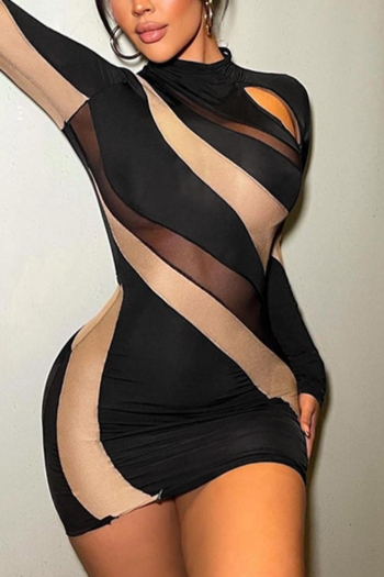 sexy high stretch mesh stitching hollow bodycon mini dress