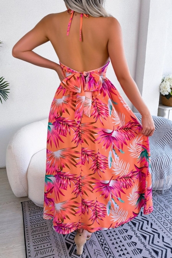Sexy slight stretch 3 colors orange floral printing halter-neck maxi dress