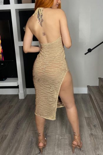 Sexy 5 colors stretch see through mesh halter-neck backless slit midi dress