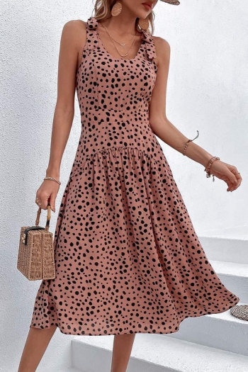 casual slight stretch polka dot print sling backless zip-up midi dress(no belt)