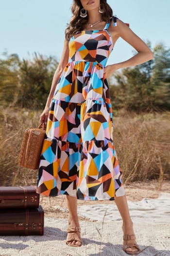 stylish non-stretch geometric printing sling zip-up midi dress