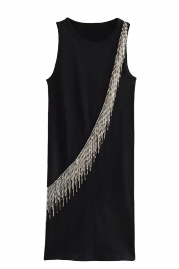 stylish xs-l stretch solid color rhinestone tassel sleeveless slim mini dress