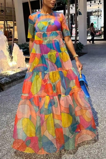 sexy plus size slight stretch mesh see-through multicolor printing maxi dress