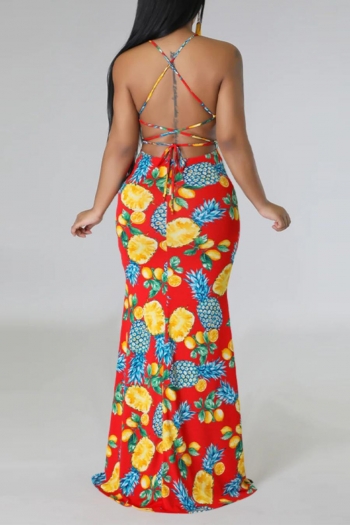 sexy plus size slight stretch pineapple batch print backless mermaid maxi dress