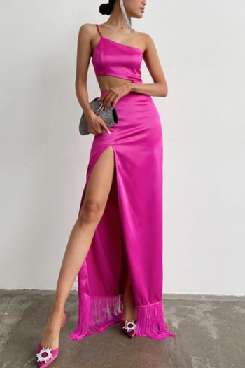 sexy inelastic solid color satin hollow sling high slit tassels decor maxi dress