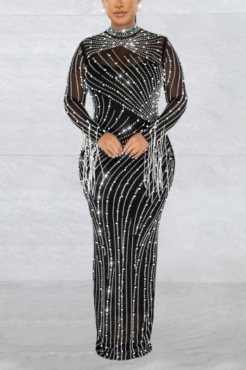 sexy plus size slight stretch mesh rhinestone tassel pearl zip-up maxi dress(with bodysuit)
