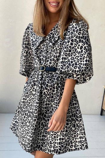 casual slight stretch lapel leopard printing button mini dress(no belt)