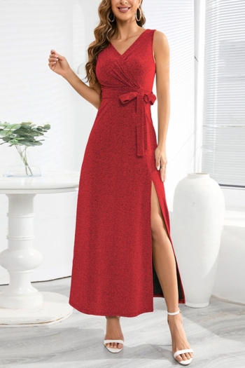stylish plus size 4 colors stretch with belt v-neck slit maxi dress