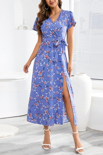casual plus size 4 colors non-stretch floral print chiffon with belt midi dress