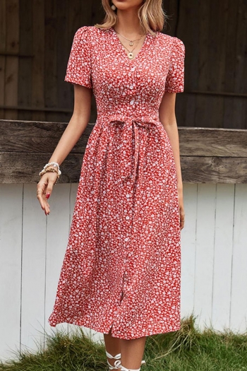 casual non-stretch floral batch printing single-breasted v-neck midi dress