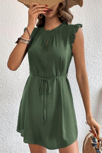 casual non-stretch simple solid color belt sleeveless mini dress