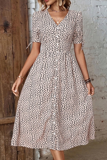casual non-stretch leopard batch printing single-breasted waist midi dress
