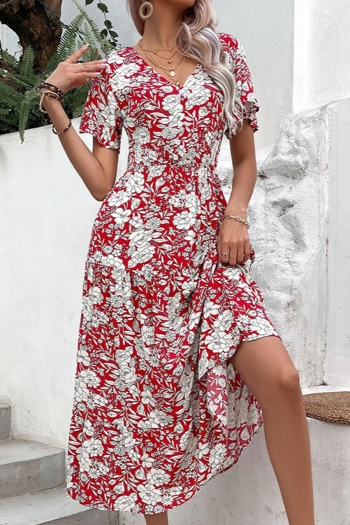 casual non-stretch floral batch printing button v-neck midi dress(without belt)