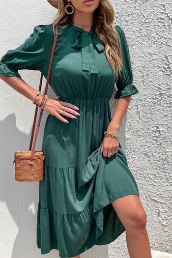 casual non-stretch solid color simple pleated bow tie short-sleeved midi dress