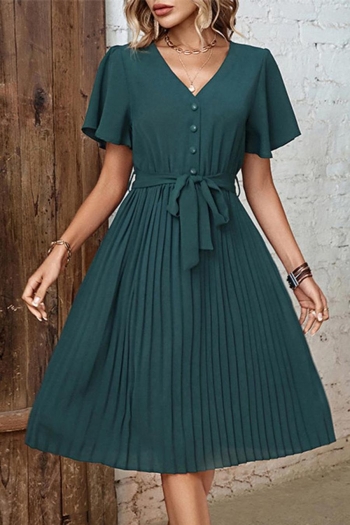 casual slight stretch solid color pleated single breasted belt loose midi dress