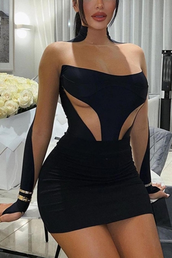sexy high stretch see through mesh stitching half-collar bodycon mini dress