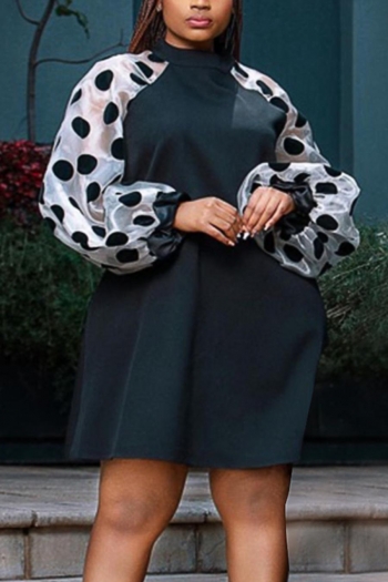 casual plus size slight stretch patchwork polka-dot printing loose mini dress