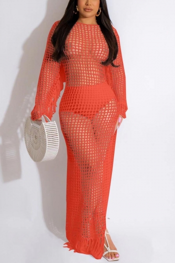 sexy slight stretch crochet hollow orange tassel high slit cover-ups (without panties)