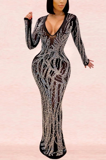 sexy plus size slight stretch mesh rhinestone v-neck zip-up slit maxi dress