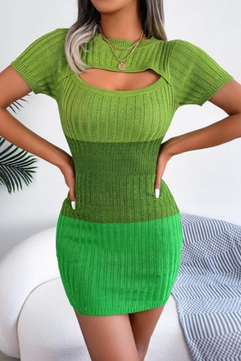 sexy slight stretch 3 colors contrast knitted hollow out bodycon mini dress