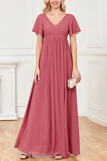 elegant plus size solid color non-stretch chiffon v-neck slit maxi dress
