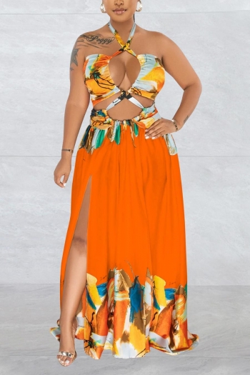 sexy plus size slight stretch orange halter printing backless slit maxi dress(with bring)