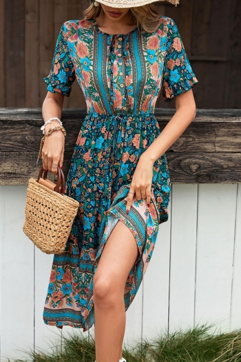 casual non stretch floral printing single breasted frill trim lace up midi dress