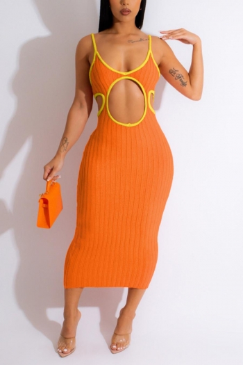 sexy slight stretch slim orange sling hollow knitted backless midi dress