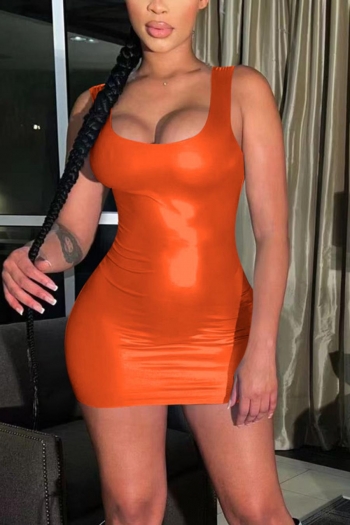 sexy slight stretch pu leather strappy orange slim bodycon mini dress