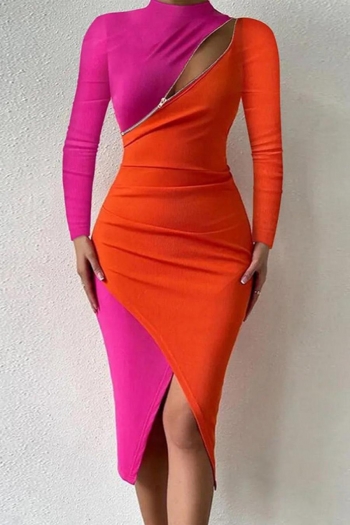 Stylish plus size stretch color contrast zip-up long sleeve slim midi dress