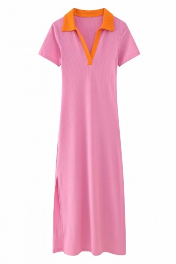 stylish color contrast stretch ribbed knit lapel short sleeve slit midi dress