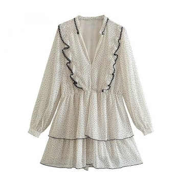 stylish xs-l non-stretch polka dot print v-neck ruffle with lined mini dress