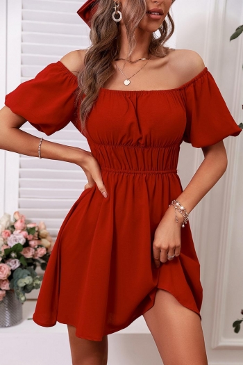 stylish xs-xl solid color non-stretch off-the-shoulder short sleeve mini dress
