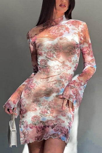 sexy slight-stretch mesh slit flower batch printing mini dress
