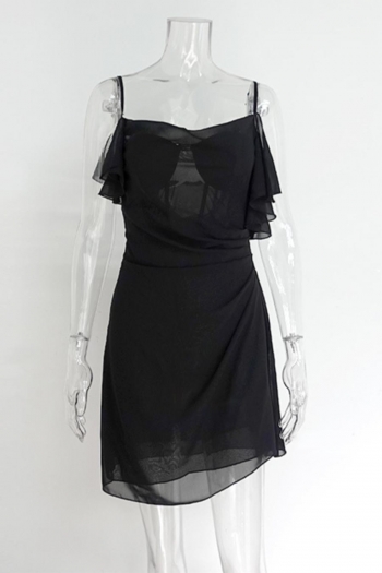 Sexy 3 colors non-stretch chiffon ruffle sling mini dress(with boned)