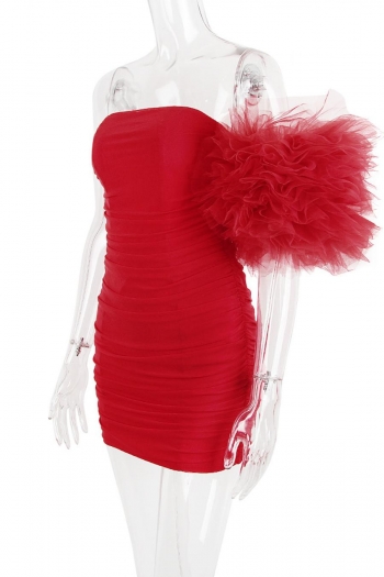 Sexy xs-l stretch mesh flower decor shirring one shoulder slim mini dress